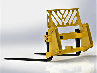 The attachment has a skid steer loader quick attach plate, forks that can be adjusted to different widths, and what appears to be a hydraulic cylinder mechanism.